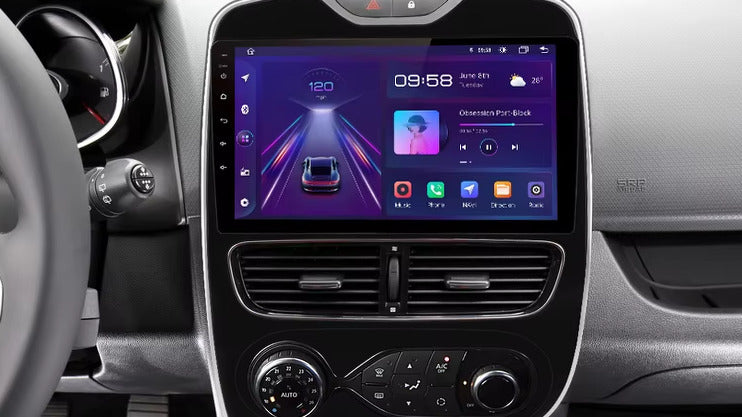 Après : autoradio CarPlay et Android Auto sans fil à la place de l’écran d’origine, dans une Renault Clio 4