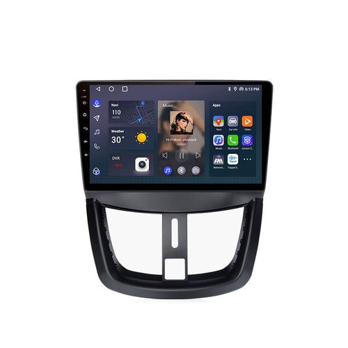 Autoradio CarPlay Junsun pour Peugeot 207 avec sa façade, sur fond blanc