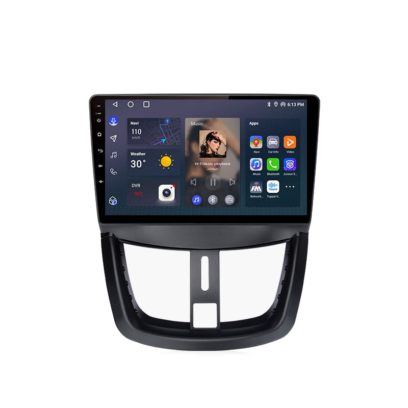 Autoradio CarPlay Junsun pour Peugeot 207 avec sa façade, sur fond blanc
