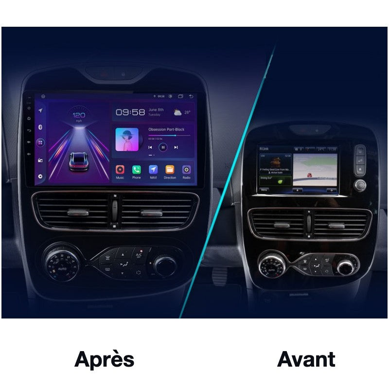 Avant / après dans une Renault Clio 4 phase 2 : à gauche avec l'autoradio CarPlay, à droite avec l'écran d'origine