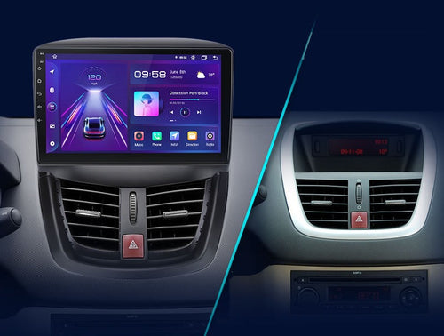 Tableau de bord de Peugeot 207 : à gauche avec l'autoradio CarPlay monté, à droite avec l'autoradio d'origine