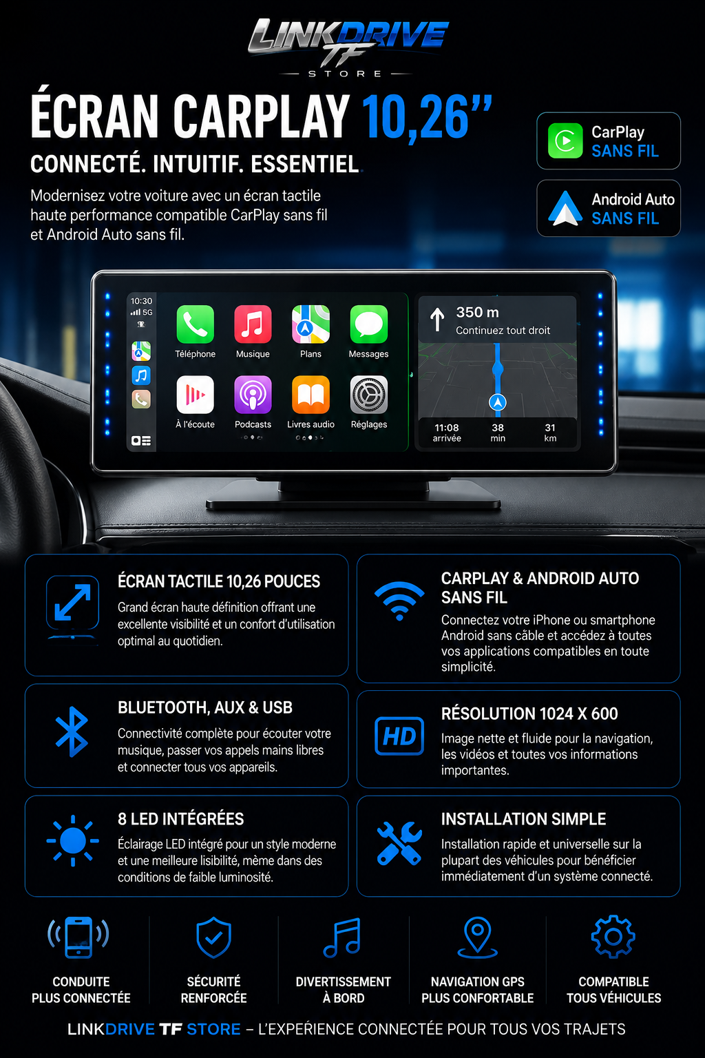 Écran CarPlay 10,26 pouces affichant l'interface de navigation GPS