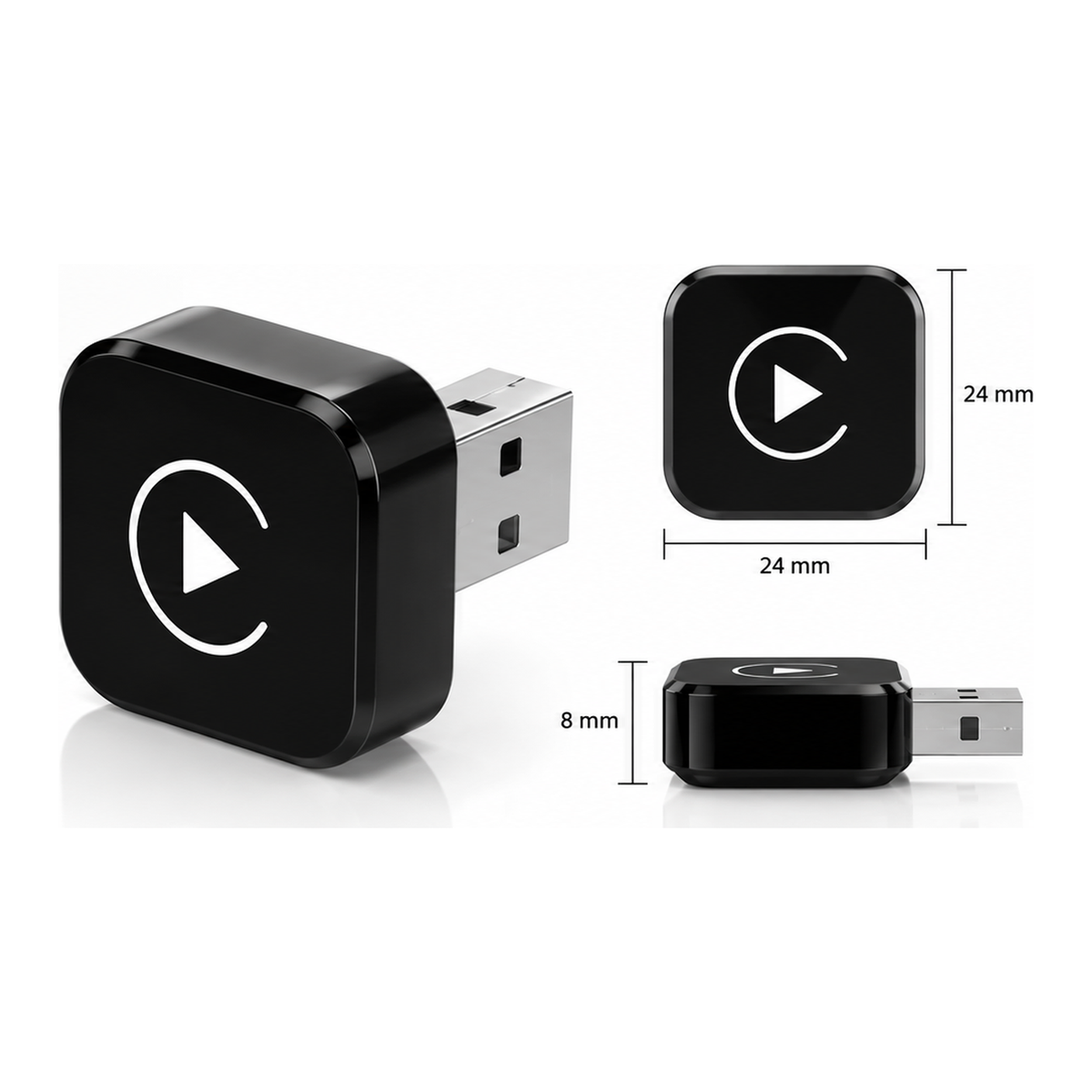 Dimensions de l'adaptateur CarPlay sans fil : 24 mm de côté et 8 mm d'épaisseur