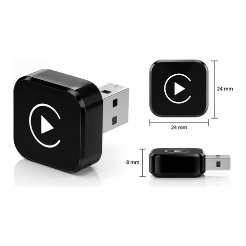 Dimensions de l'adaptateur CarPlay sans fil : 24 mm de côté et 8 mm d'épaisseur