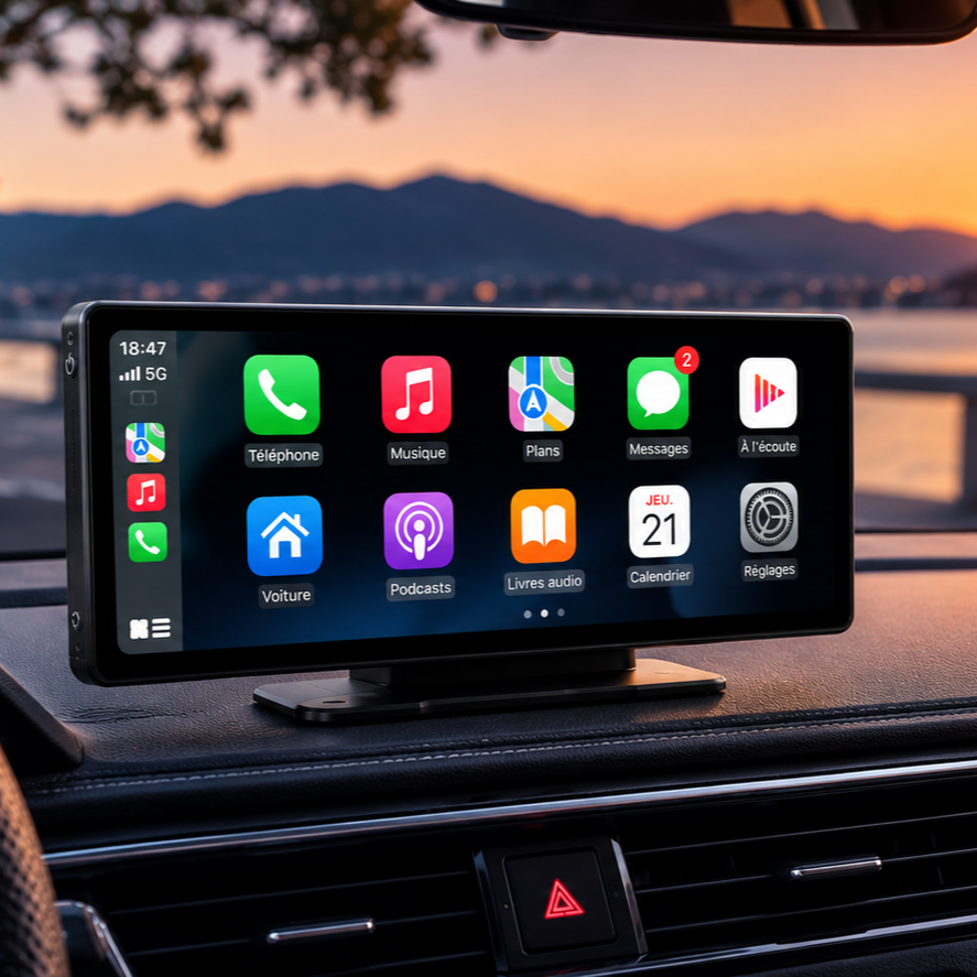 Écran CarPlay LinkDrive 10,26 pouces posé sur le tableau de bord d'une voiture, interface CarPlay affichée