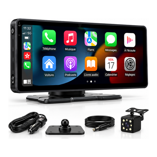 Contenu de la boîte : écran CarPlay 10,26 pouces, câble allume-cigare, support adhésif, câble de caméra et caméra de recul 8 LED