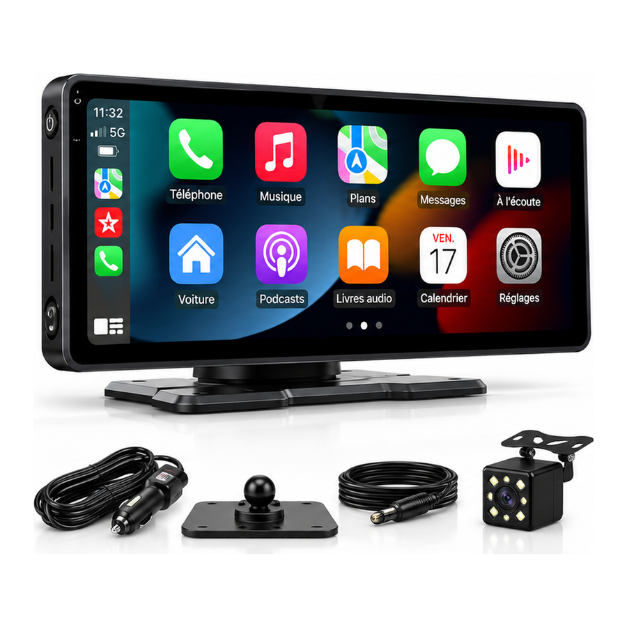 Contenu de la boîte : écran CarPlay 10,26 pouces, câble allume-cigare, support adhésif, câble de caméra et caméra de recul 8 LED