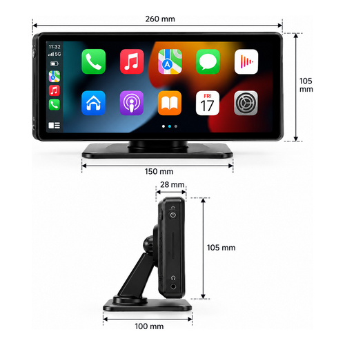 Dimensions de l'écran CarPlay LinkDrive : 260 mm de large, 105 mm de haut, 28 mm d'épaisseur, socle de 150 sur 100 mm