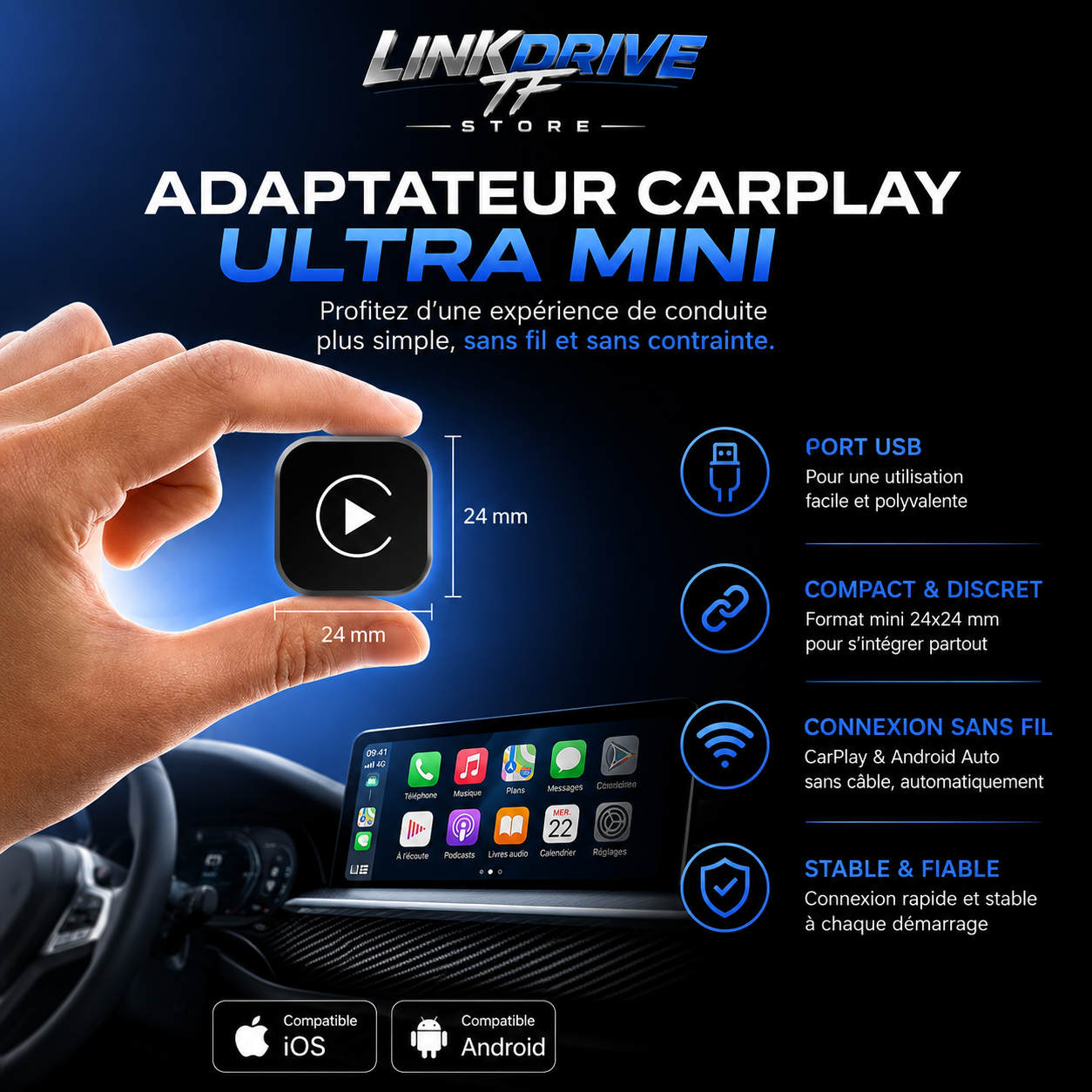 Adaptateur CarPlay sans fil branché sur un écran multimédia de voiture